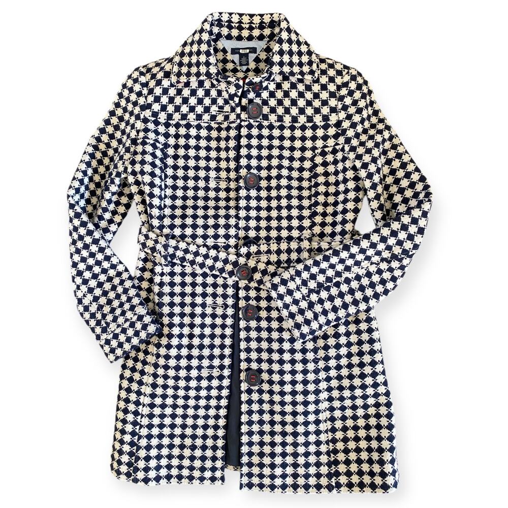 Y2K Tommy Hilfiger Wool Blend Woven Print Navy Cream Belted Trench Coat size 6